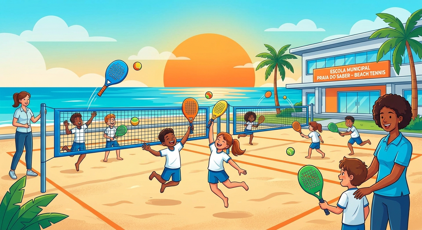 Crianças e adolescentes jogando Beach Tennis na quadra de areia da escola com raquetes coloridas