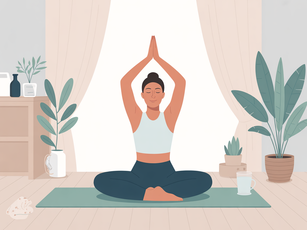 A person practicing beginner yoga at home with the Vitalizen App on a tablet