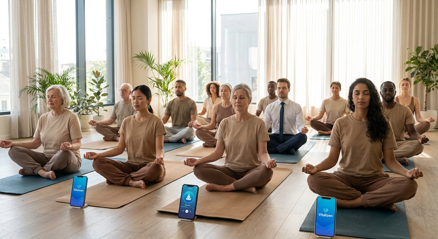 Group of people practicing yoga and meditation together with Vitalizen app