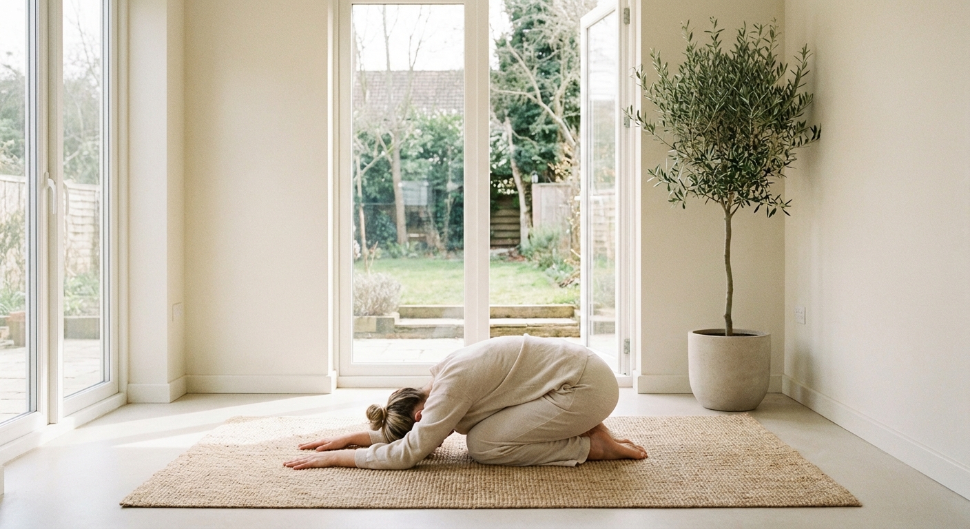 Person practicing beginner yoga pose for stress relief and mindfulness meditation at home