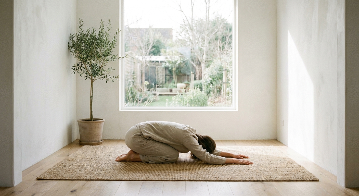 Woman practicing mountain pose yoga for beginners on a mat in a bright room