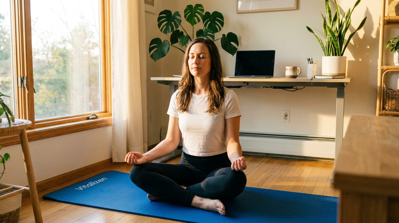 Mulher empreendedora praticando meditação matinal em home office para clareza mental