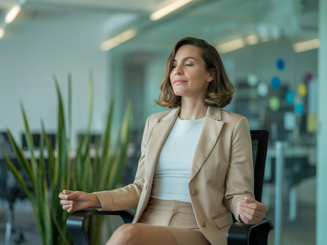 Mulher executiva meditando em seu escritório, demonstrando bem-estar integral e calma no ambiente de trabalho.