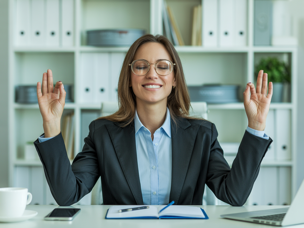 Mulher executiva meditando em seu escritório, demonstrando bem-estar integral no trabalho.