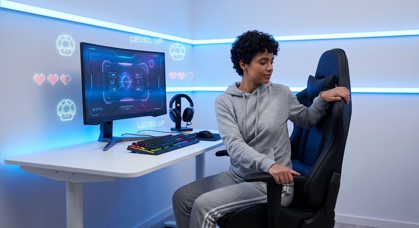 Setup gamer moderno com jovem praticando yoga na cadeira gamer em tons de azul Vitalizen