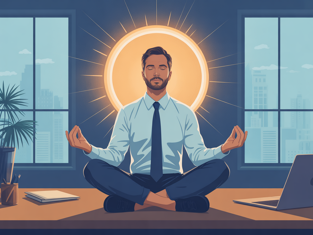 Líder meditando em um ambiente de escritório moderno, simbolizando o foco e a clareza mental alcançados através do bem-estar integral na liderança.