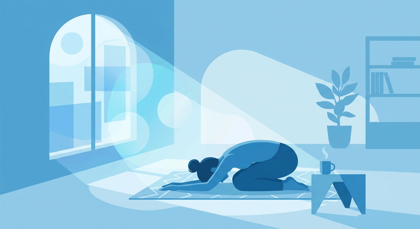 Mãe solo praticando yoga matinal em casa, momento de autocuidado e reconexão interior com o app Vitalizen.