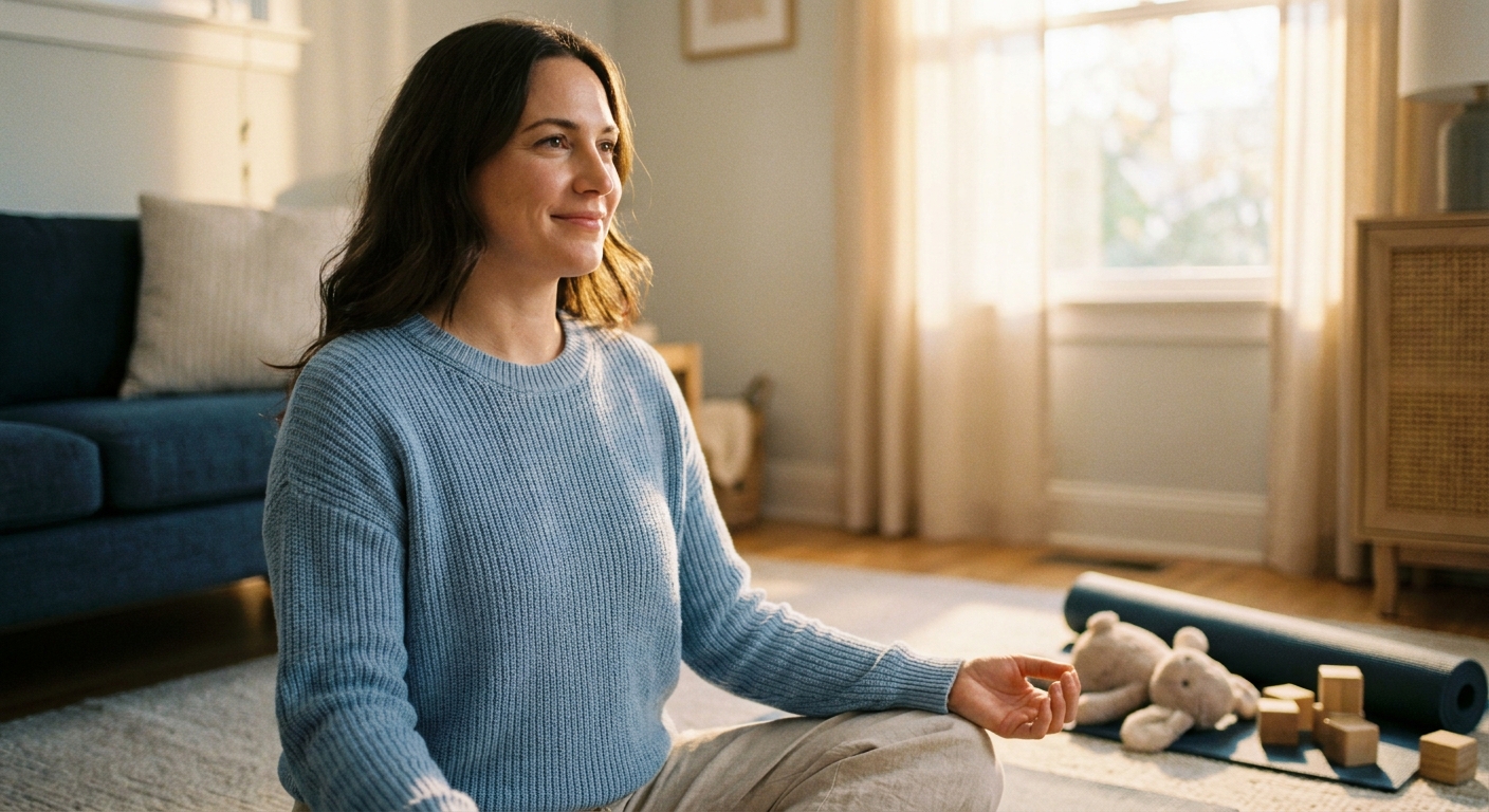 Mãe solo praticando meditação em casa, encontrando bem-estar integral com práticas curtas de yoga Vitalizen