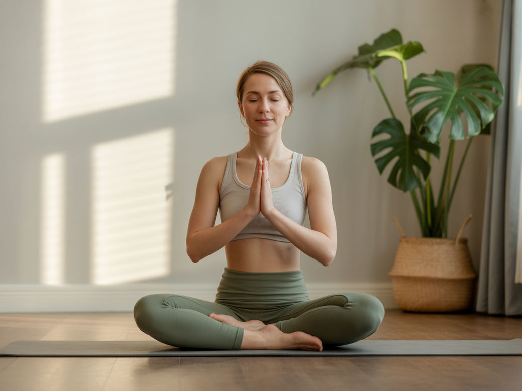 Mãe praticando yoga pós-parto em casa, demonstrando bem-estar e autocuidado na recuperação pós-parto.