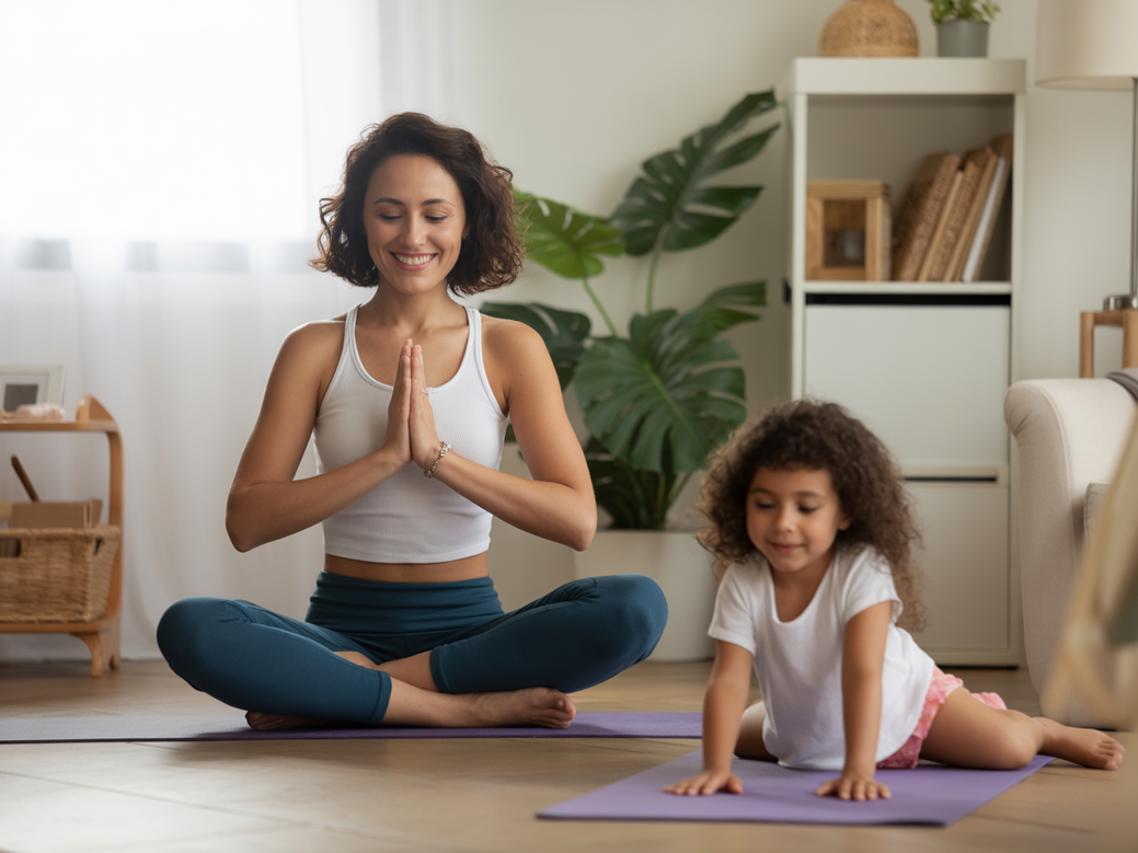 Mãe solo praticando yoga em casa, um exemplo de bem-estar integral e resiliência materna.