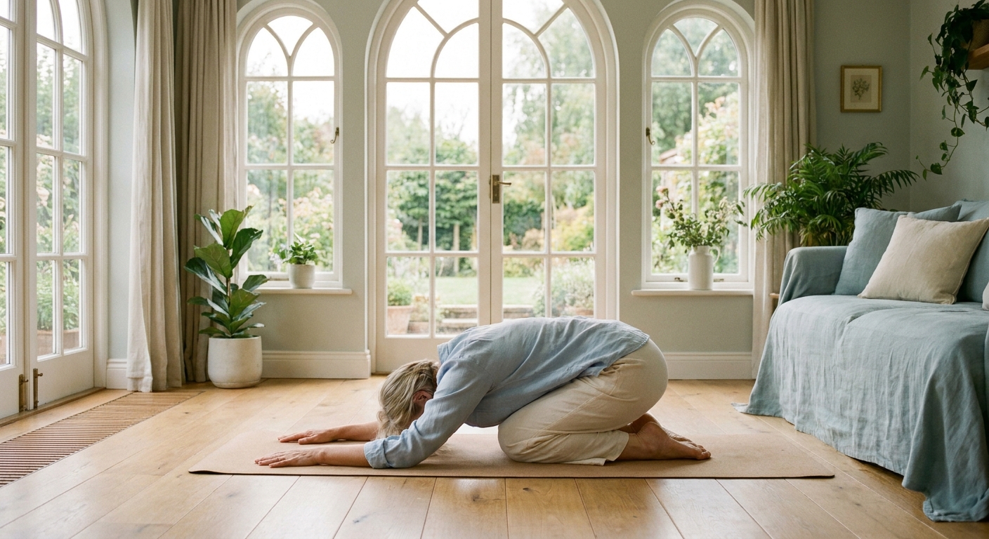 Mulher serena de 50 anos praticando yoga suave em ambiente calmo com luz natural - bem-estar integral menopausa e autocuidado mulheres 50+