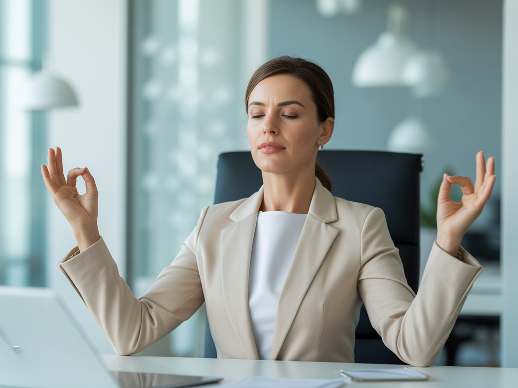 Mulher executiva praticando o bem-estar integral em sua cadeira de escritório, demonstrando calma e foco.