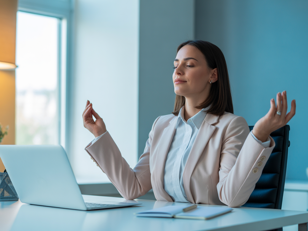 Mulher executiva praticando meditação rápida em seu escritório para alcançar o bem-estar integral
