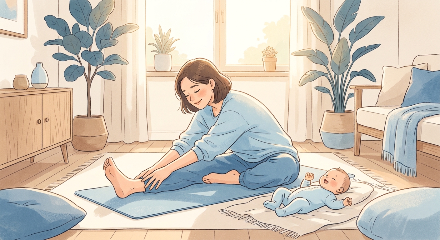 Mãe praticando yoga leve pós-parto com o bebê por perto em um momento de autocuidado e bem-estar integral
