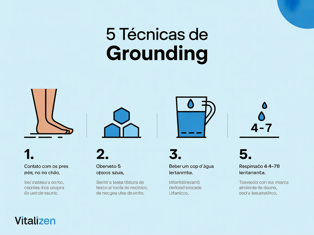 Infográfico com 5 Técnicas de Grounding para o bem-estar integral de profissionais de saúde mental.