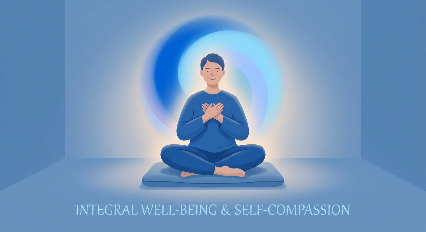 Mulher meditando com as mãos no coração, representando bem-estar integral e autocompaixão — Vitalizen Yoga and Meditation