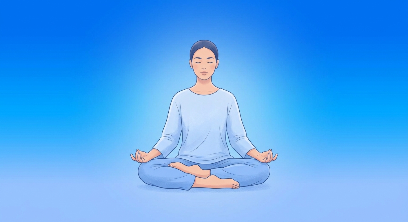 Pessoa meditando com serenidade em fundo azul degradê simbolizando bem-estar integral para TDAH