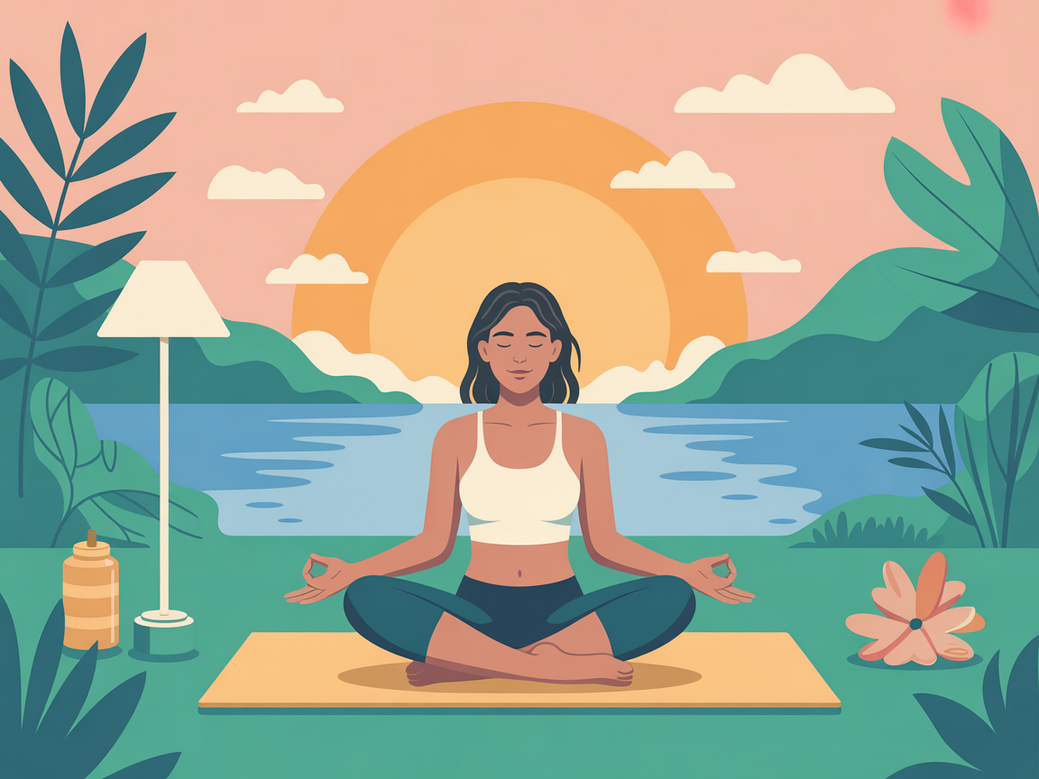 Mulher praticando uma das técnicas de respiração para ansiedade em um ambiente calmo, representando o bem-estar integral.