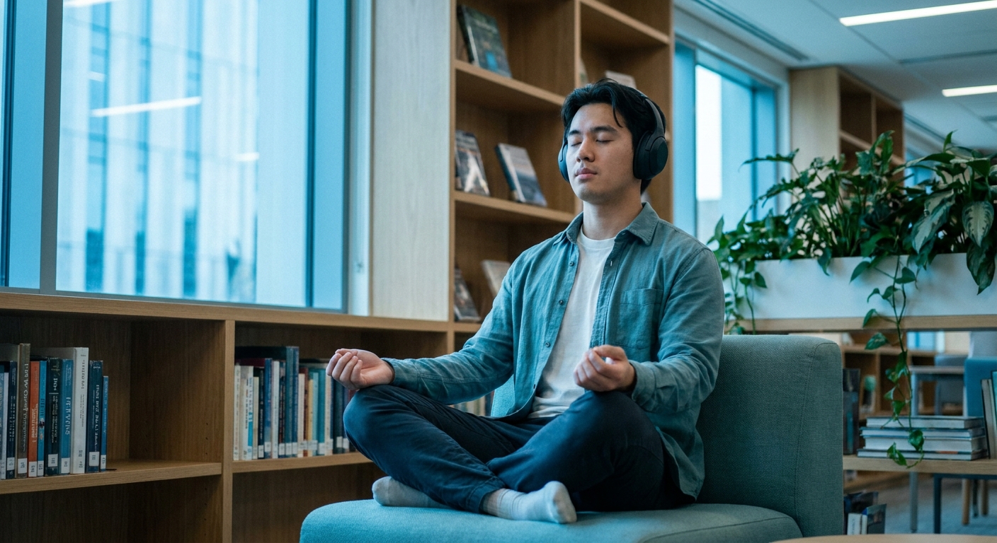 Bem-Estar Integral na Universidade: Mindfulness Curto para Foco nos Estudos Jovem universitário praticando mindfulness curto em biblioteca com fones de ouvido — bem-estar integral para universitários