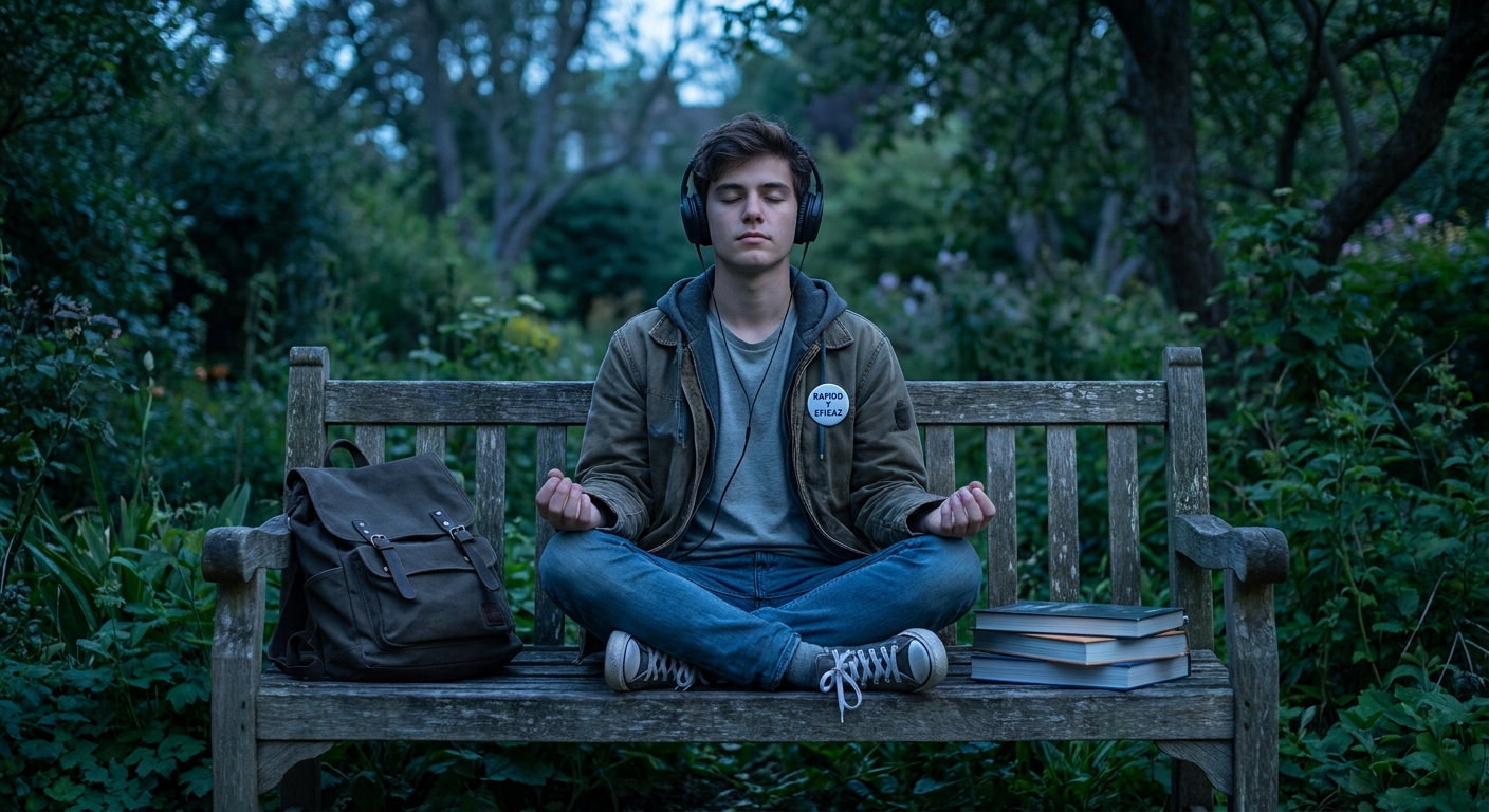 bem-estar integral para universitários jovem meditando com livros em jardim calmo