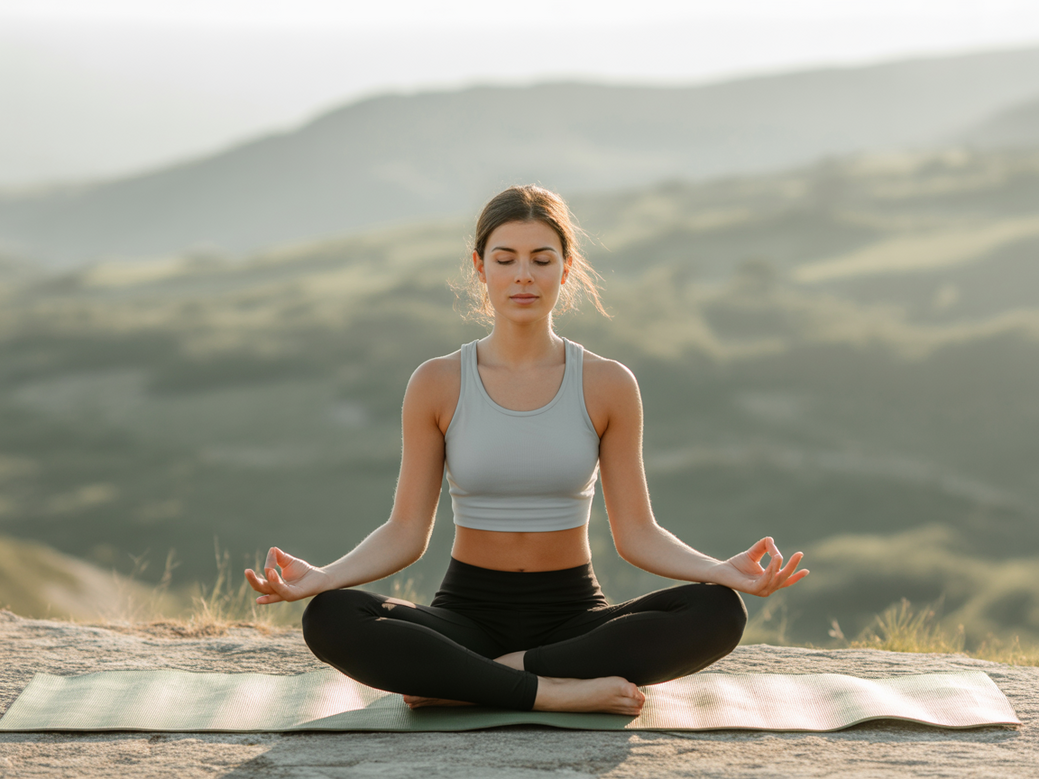 Mulher praticando yoga para ansiedade em um ambiente tranquilo, alcançando o bem-estar integral.