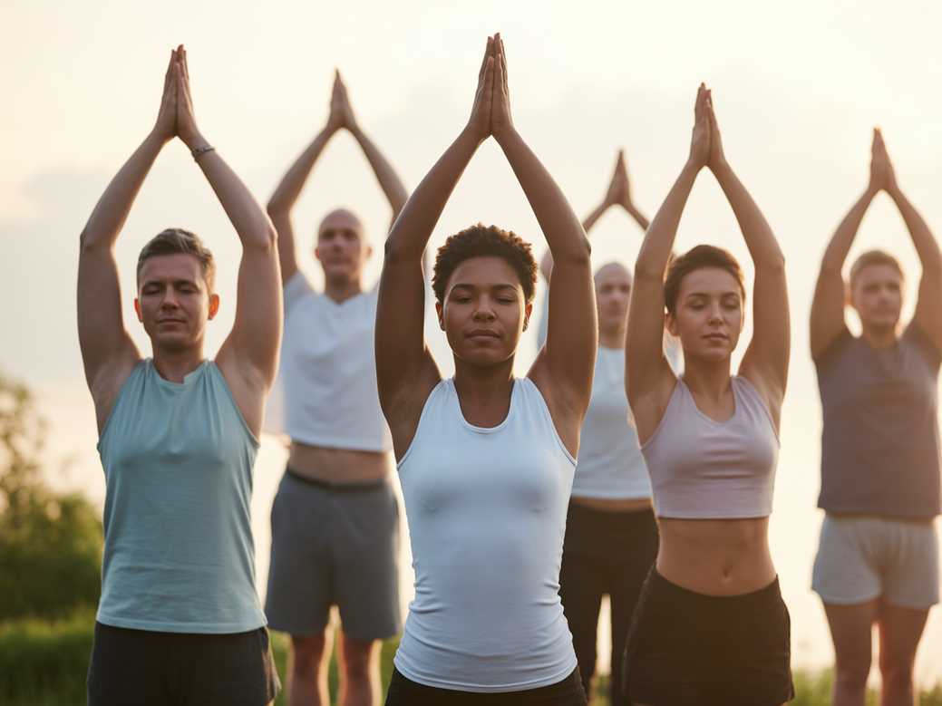 Grupo de iniciantes praticando yoga ao ar livre ao amanhecer, simbolizando o bem-estar integral e o equilíbrio corpo e mente.