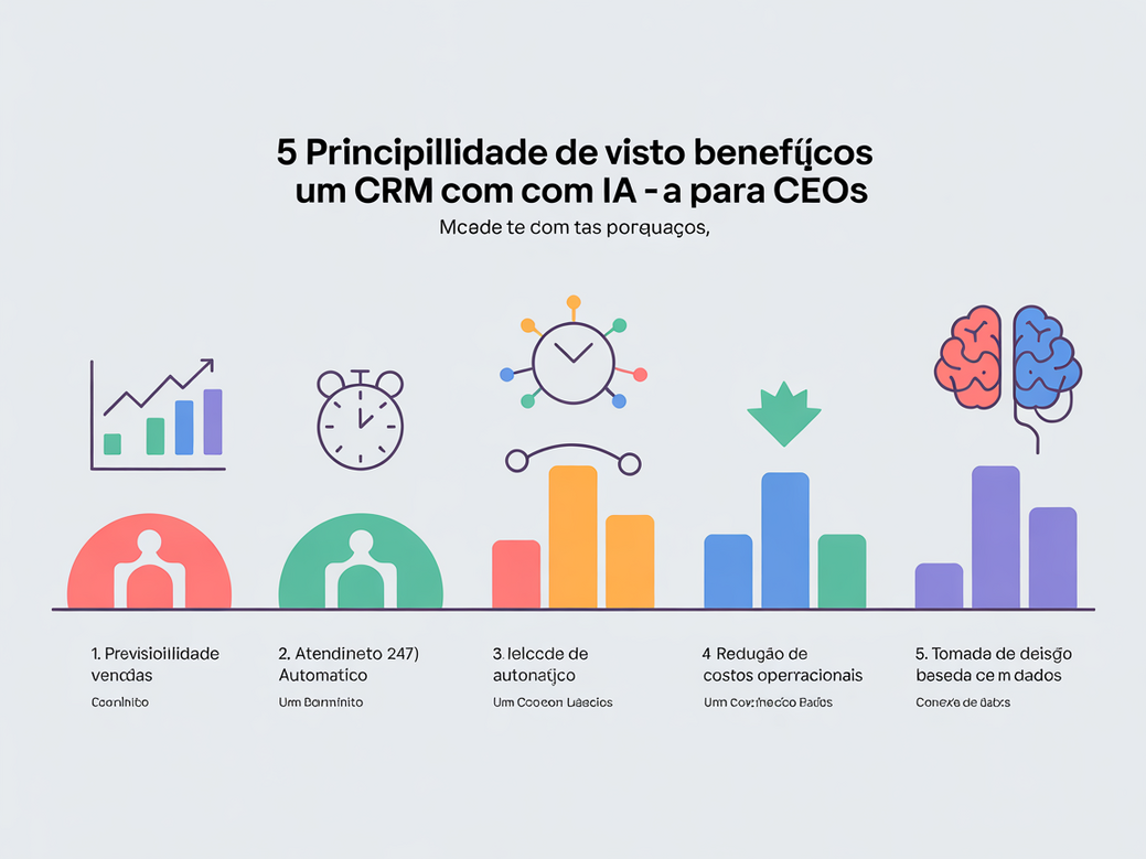 Infográfico com os 5 benefícios do CRM com IA: Previsibilidade de vendas, Atendimento 24/7, Lead scoring automático, Redução de custos e Tomada de decisão baseada em dados.