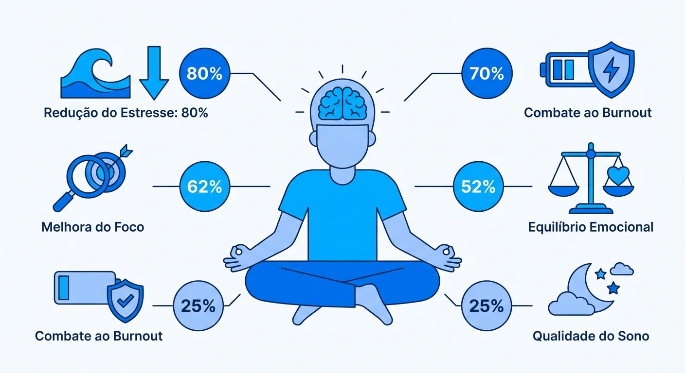 Infográfico com os benefícios comprovados da meditação: redução do estresse, melhora do foco, combate ao burnout, equilíbrio emocional e qualidade do sono