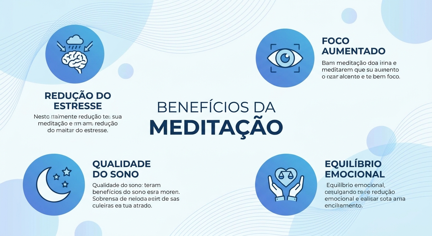 Infográfico com ícones dos benefícios da meditação diária: redução do estresse, aumento do foco, melhora do sono e equilíbrio emocional