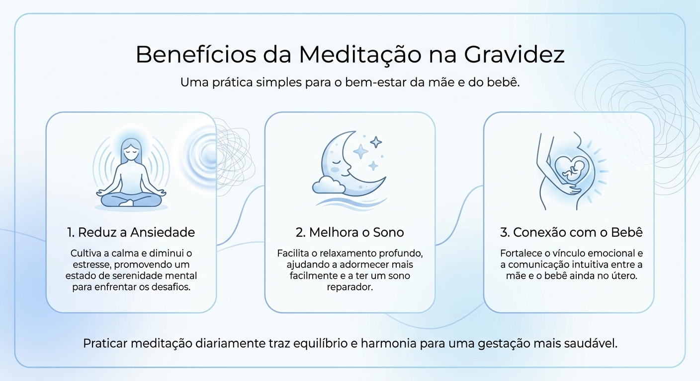 infográfico com 3 benefícios da meditação para gestantes: reduz ansiedade, melhora o sono e fortalece conexão com o bebê