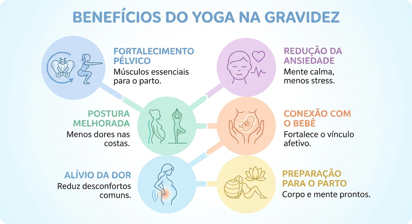 Infográfico com os benefícios do yoga na gestação: fortalecimento pélvico, redução de ansiedade, conexão com o bebê