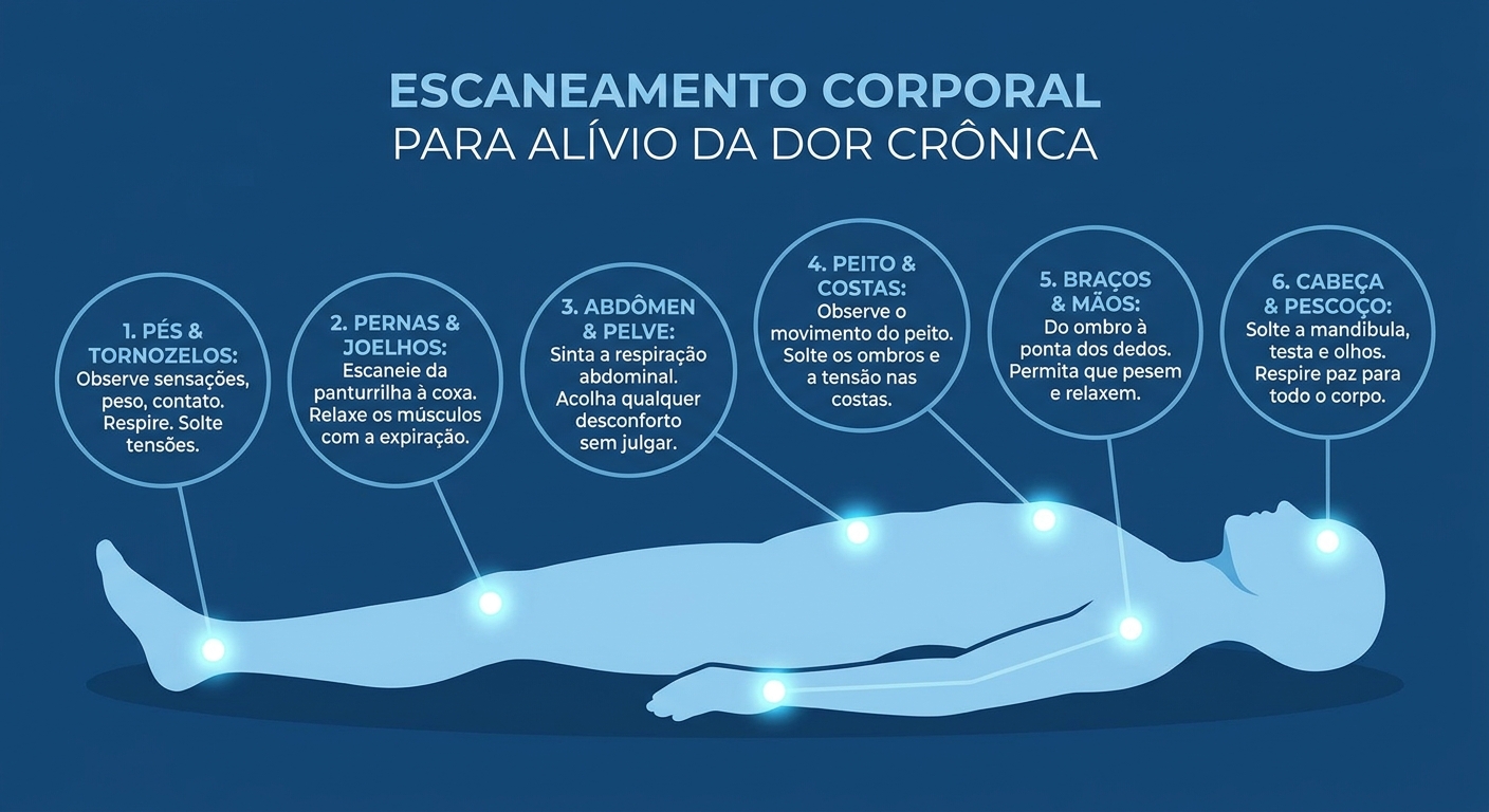 Infográfico passo a passo do body scan para dor crônica — meditação de escaneamento corporal guiada
