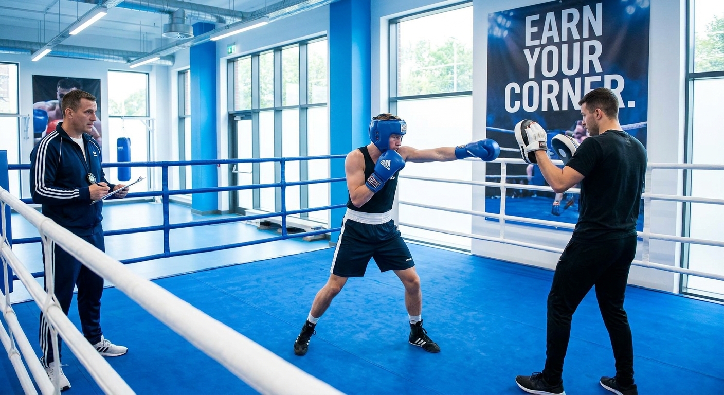 Treino de boxe de alto rendimento com preparador e atleta no ringue