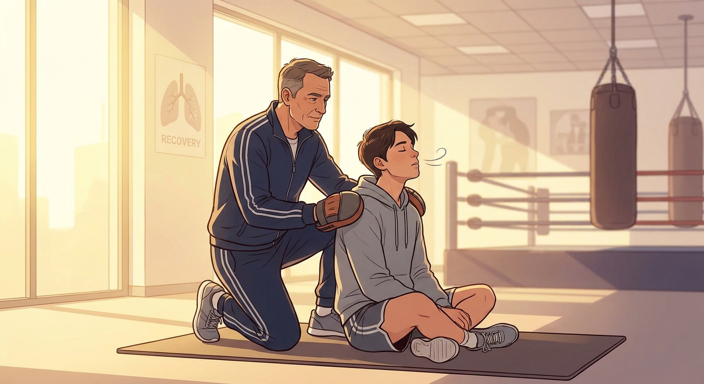 Boxe pós-covid: respiração e fortalecimento gradual para recuperação Profissional de boxe orientando exercício de respiração com aluno em academia moderna - boxe pós-covid