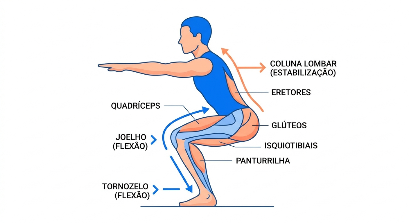 Ilustração anatômica simplificada da cadeia cinética do movimento humano mostrando a sequência de articulações e músculos no agachamento