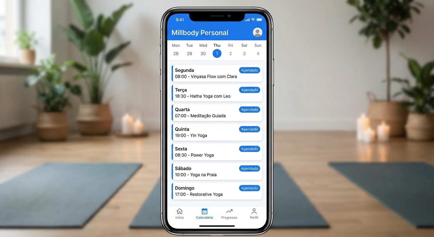Calendário de práticas de yoga no app Millbody Personal - Wikipedia do Personal Trainer