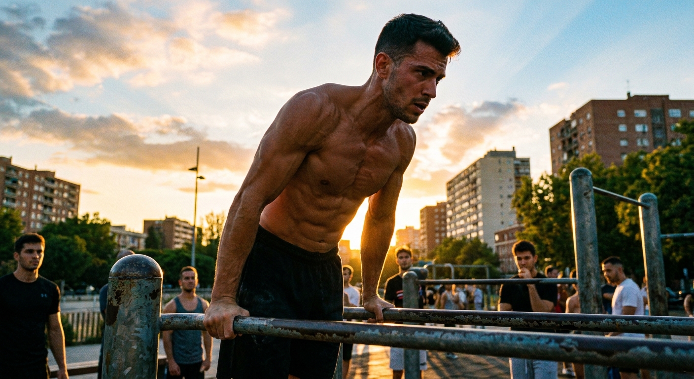 Calistenia: evolução por níveis com o Personal Millbody Atleta de calistenia executando muscle-up em parque urbano — evolução e superação com peso corporal