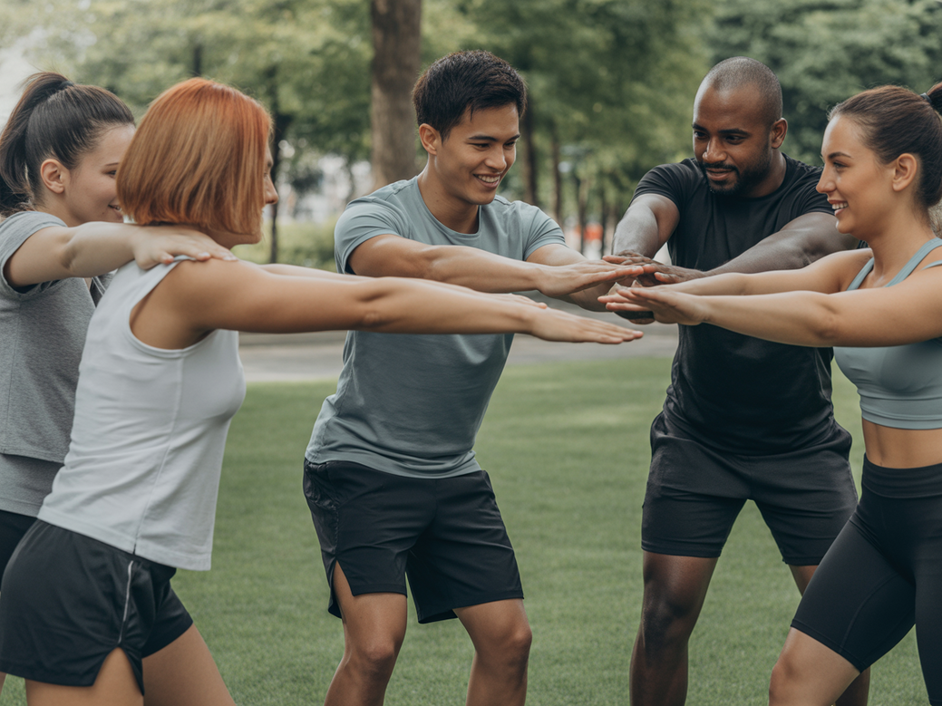 Grupo de pessoas praticando calistenia e se motivando com citações fitness.