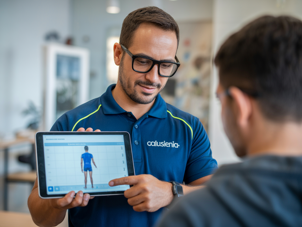 Instrutor de calistenia usando um tablet com o app Personal Millbody para analisar o movimento de um aluno durante um exercício de ombro com peso corporal.