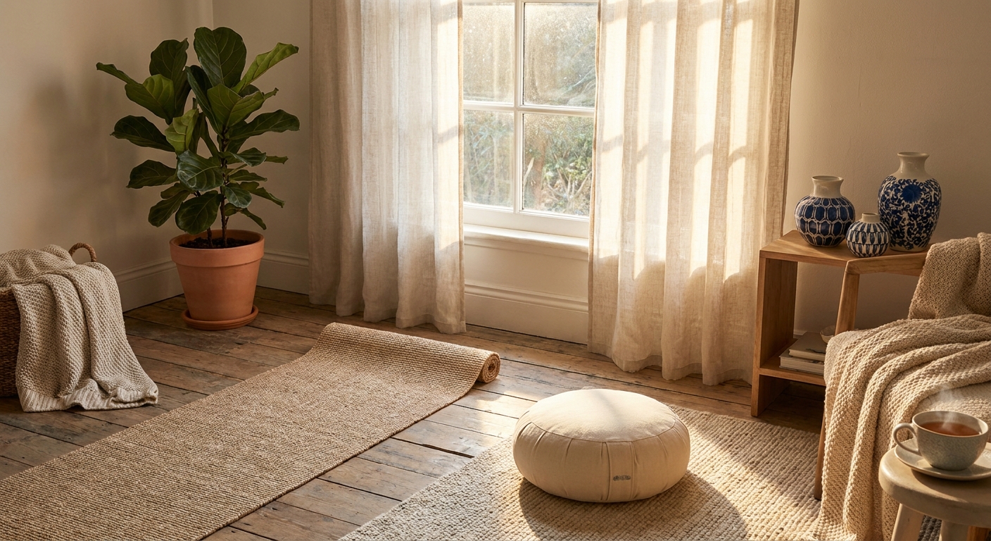 Cantinho de yoga em casa com tapete, planta e luz natural para praticar yoga para iniciantes
