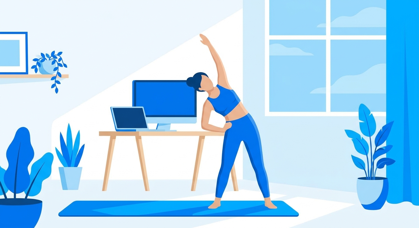 Profissional remoto praticando yoga ao lado da mesa de trabalho - Dicionário do Yoga Vitalizen