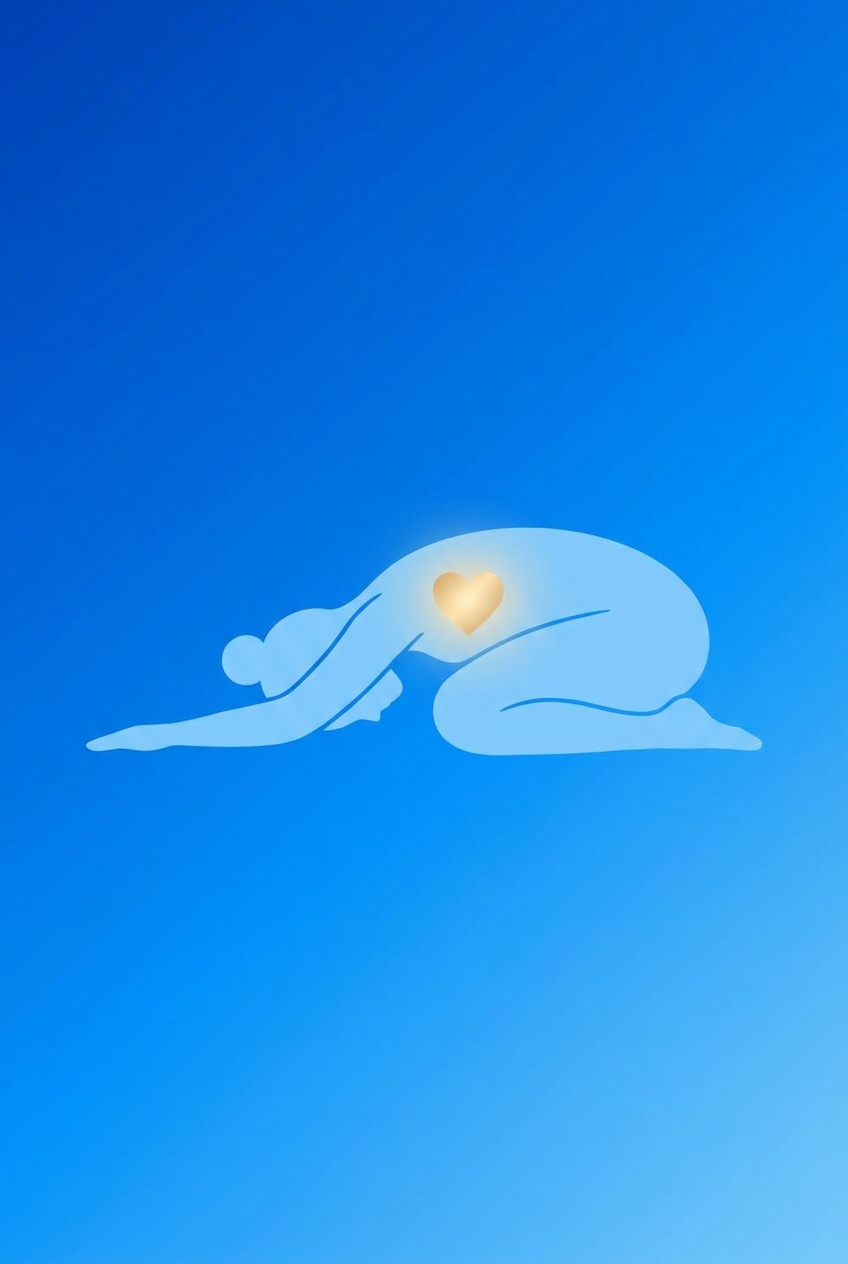 Mulher em Balasana (postura da criança) com brilho no coração - Dicionário de Yoga para Reabilitação Emocional