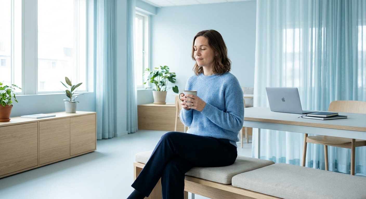 Empreendedora de moda e estética em pausa ativa para cuidar de si com yoga e meditação