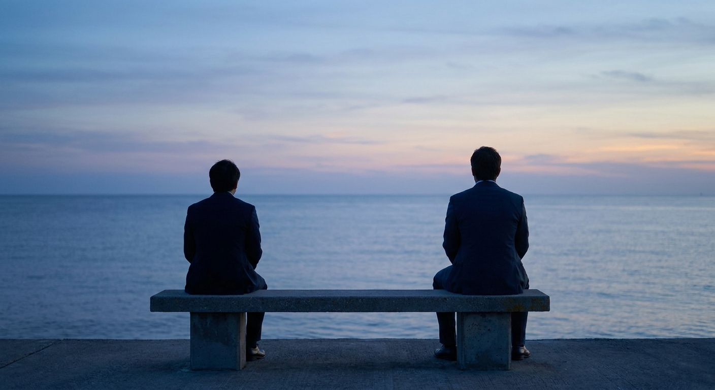 Executivo em momento de pausa e reflexão olhando para o horizonte em um entardecer calmo