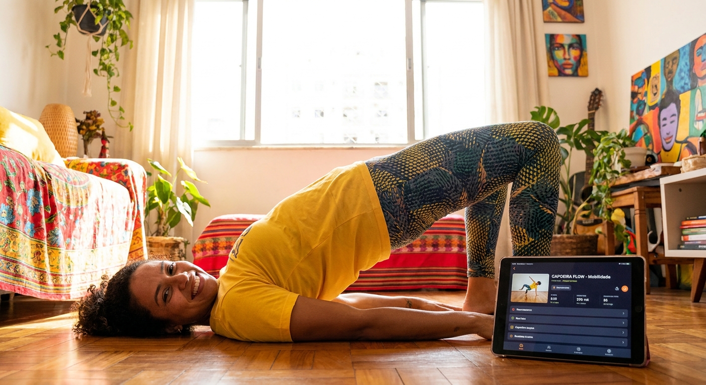 Capoeirista realizando movimento de mobilidade com tablet ao lado, unindo tecnologia e tradição