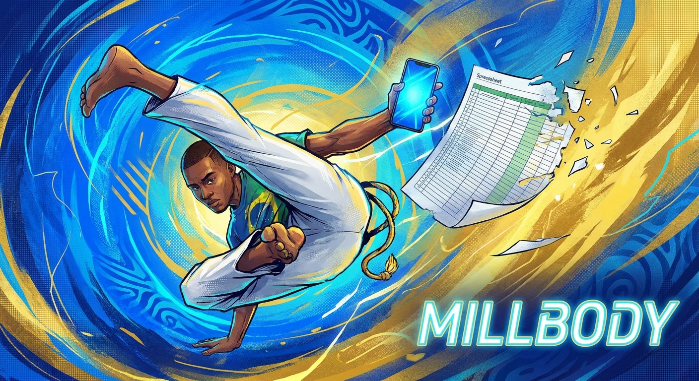 Instrutor de capoeira trocando a planilha de treinos pelo app Personal Millbody