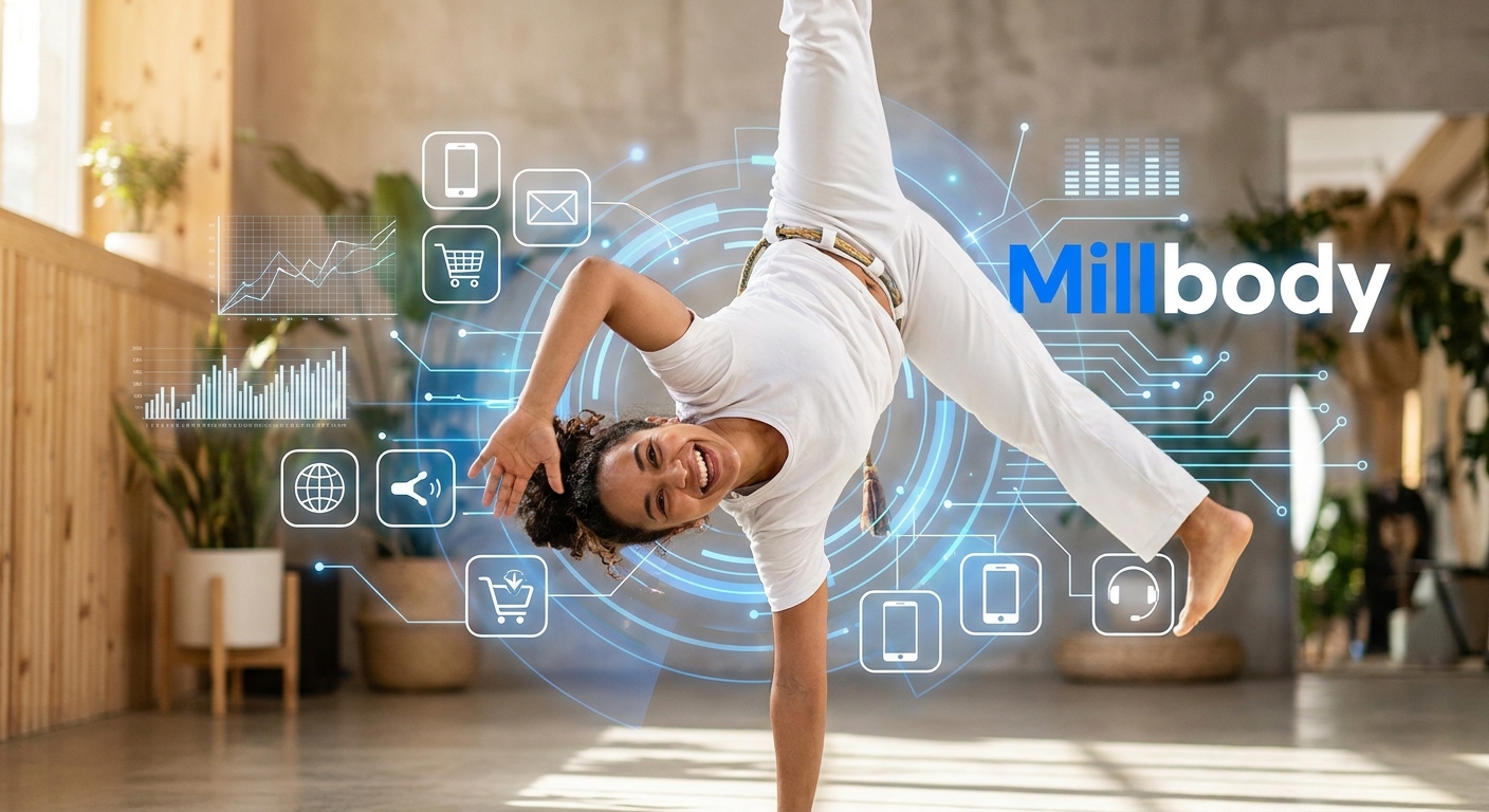 Personal trainer capoeira usando a plataforma Millbody para acompanhamento diário Capoeirista utilizando app Millbody para exercícios de respiração pós-COVID