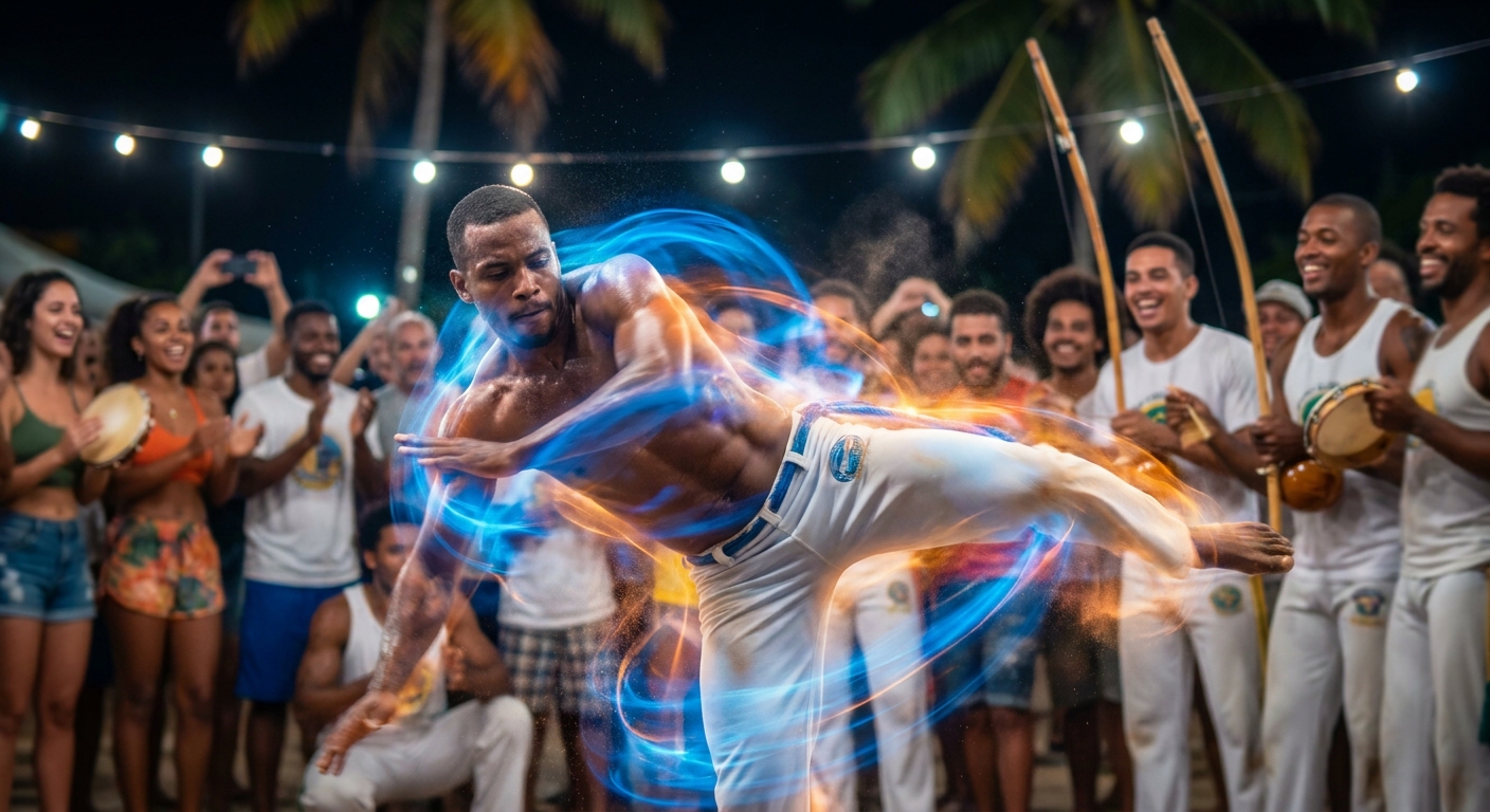 Capoeirista em movimento representando a força e a ginga do profissional de educação física