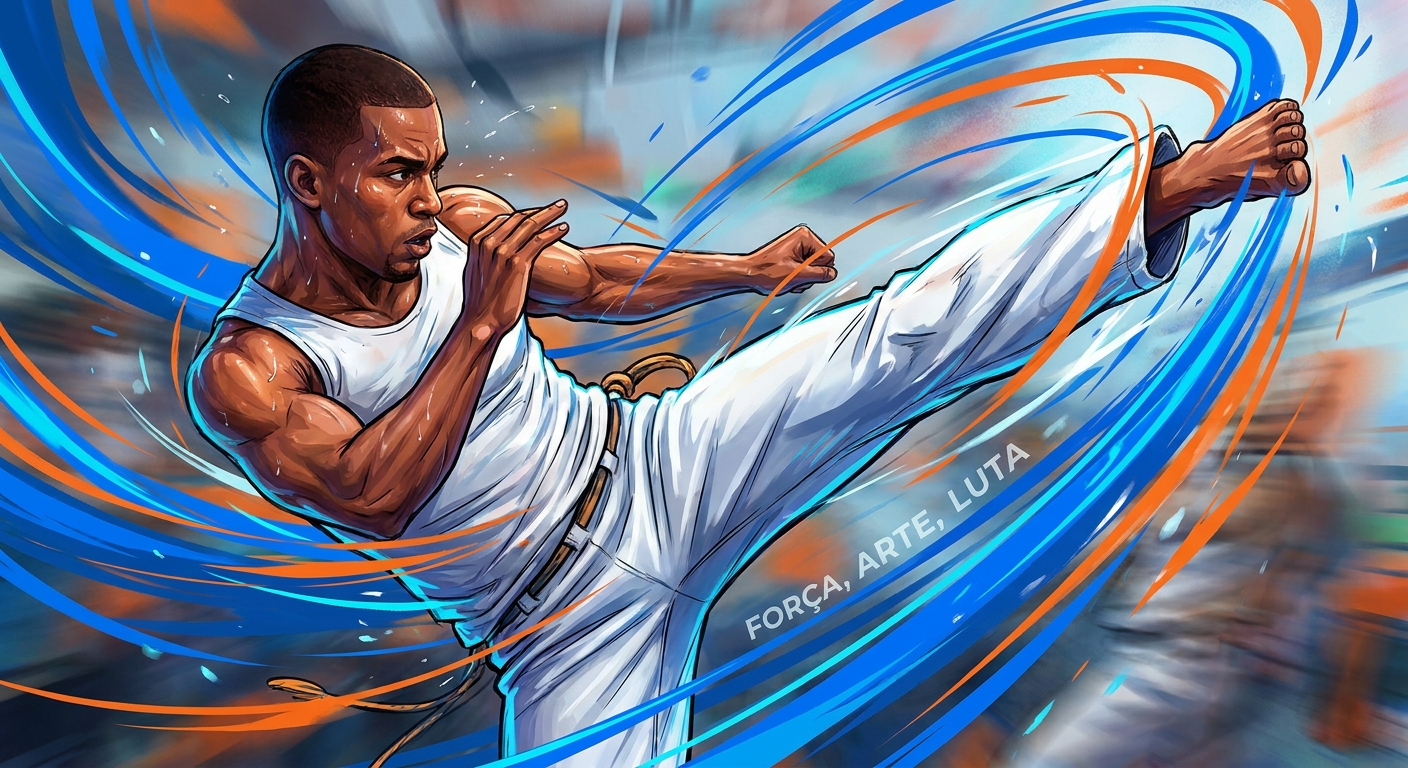 Capoeirista em movimento explosivo de capoeira representando intensidade de treino HIIT