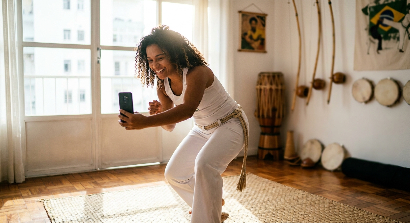 Capoeirista em movimento usando smartphone durante treino em casa com app personal trainer